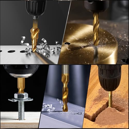 35 PCS Drill Bits Set, 3 Step Drill Bits, 13 Twist Drill Bits, 6 Taps(M3-M10) and 6 Screw Extractors, High Speed Steel Drill Bit Kit Titanium Coated Bits for Plastic Wood Metal, with Storage Bag