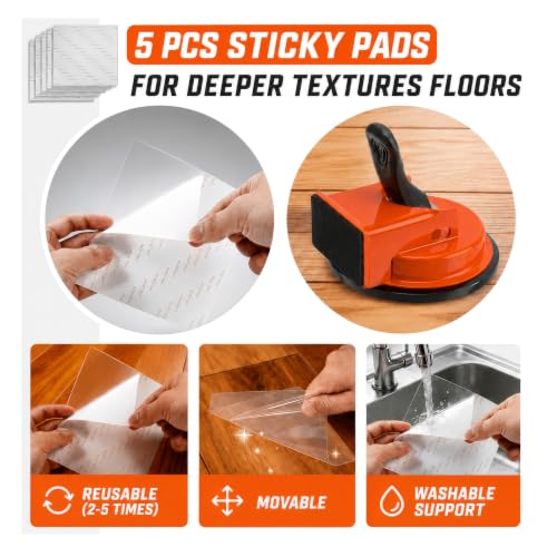 Heavy Duty Floor Gap Fixer Tool Kit, 5 Reusable Sticky Pads, Professional Plank Grabber & Suction Cup for Vinyl, Laminate & Floating Floor Repair