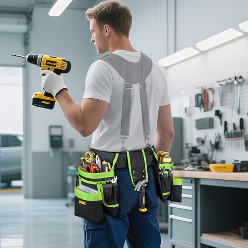 Tool Belt with 4 D-Rings,27-Pockets Tool Belts for Men,Construction - color: Green & Black, size: 27 Pockets