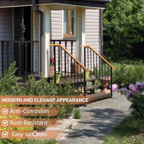 Hand Rails for Outdoor Steps, 3 Level Galvanized Iron Handrail with Curved Design Powder Coated Safety Stair Railing Entryway Staircase for Garden Porch Home Matte Black