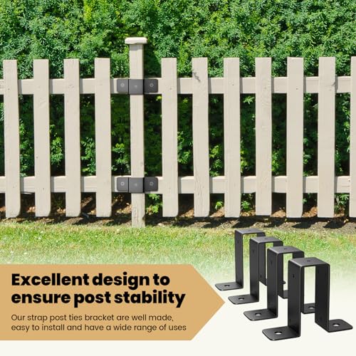 4 Pcs 2" x 4" Strap Post Ties, Heavy Duty Deck Fence Brackets for Wood Beam, Gazebo Mounting Brackets, 2mm Thickness - Black - color: Black 2”x4“ - 4 Pack