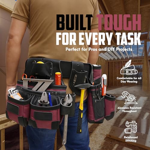 Nylon and Leather Tool Belt | Framing Tool Bags | Nylon Tool Pouch | Carpenter Tool Belts | Construction | Framers | Electrician Tool Belt (Maroon 1650) - color: Maroon 1650