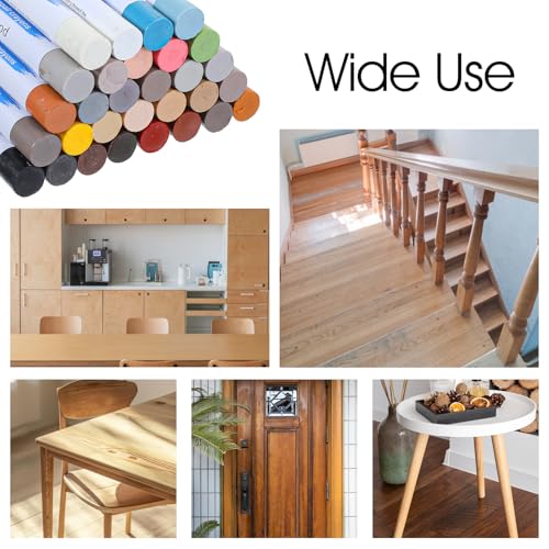 60+2 Pcs Wood Filler Sticks & Wood Crayons for Scratches, 30 Colors Wax Repair Kit with 2 Scrapers for Furniture, Floors, Cabinets, Baseboards - Quick & Easy Touch Up