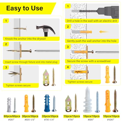 320PCS Drywall Anchors and Screws Kit, 6 Sizes Plastic Wall Anchors