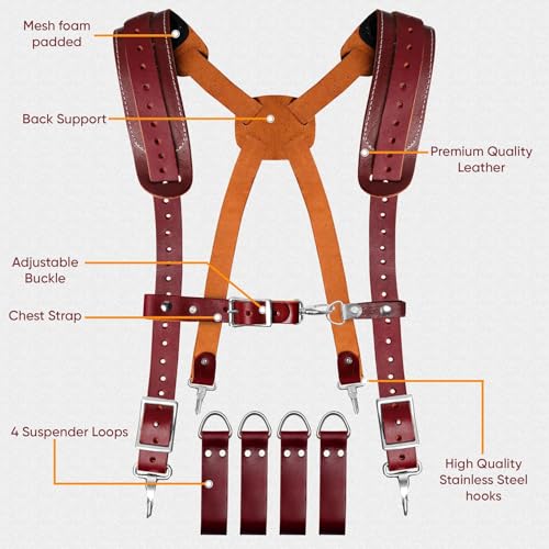 FUERI Leather Tool Belts with Suspender for Men, Heavy-Duty Durable Carpenter Tool Rig Organizer With 19 Pockets-2 Pouches, Padded Suspender, Hammer Holder, D-Loops & Foam-Padded Belt Electricians - color: Maroon Tool Belt With Maroon Suspender