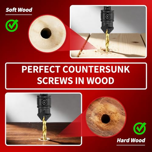 NOROOLS Countersink Drill Bit Set,5 Pcs Counter Sink Drill Bit Adjustable for Wood,#4, #6, #8, #10, #12, High-Speed Steel 5 Spare Bits Adjustable,4pcs Screwdriver Bit 2x50mm+2x25mm for Woodworking
