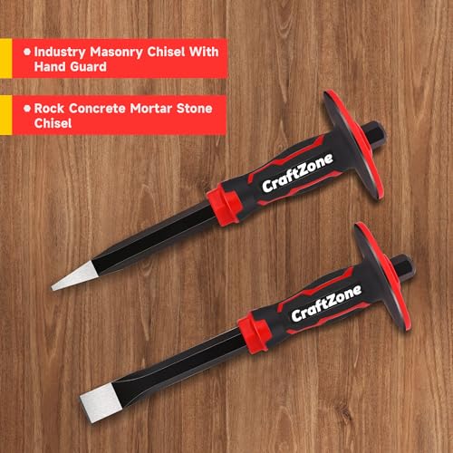 Masonry Chisel Set - 2-Piece Heavy Duty Pointed & Flat Rock Chisels, Concrete Stone Chisel with Hand Protection for Brick Breaking Carving Splitting Cutting Mason Tools - size: 2pc