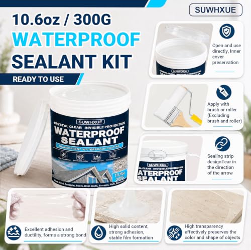 Clear Waterproof Sealant, SUWHXUE 10.6oz/300g Water-Based Transparent Waterproof Leak Repair Coating, Invisible Flexible Sealant for Concrete Walls Wood Metal Roof Water Sealer Indoor & Outdoor - size: 10.6 Oz