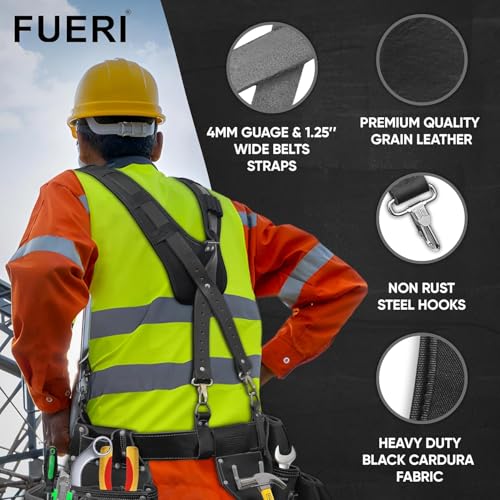 FUERI Leather Tool Belts with Suspender for Men, Heavy-Duty Durable Carpenter Tool Rig Organizer With 19 Pockets-2 Pouches, Padded Suspender, Hammer Holder, D-Loops & Foam-Padded Belt Electricians - color: Black Tool Belt and Black Suspender