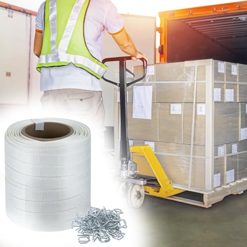 QWORK Woven Cord Strapping Kit - 3/4" x 330' Heavy Duty Polyethylene Braided Rope Strap Roll with 50 Metal Wire Buckles, 2200 lbs Break Strength, for Securing Heavyweight Loads