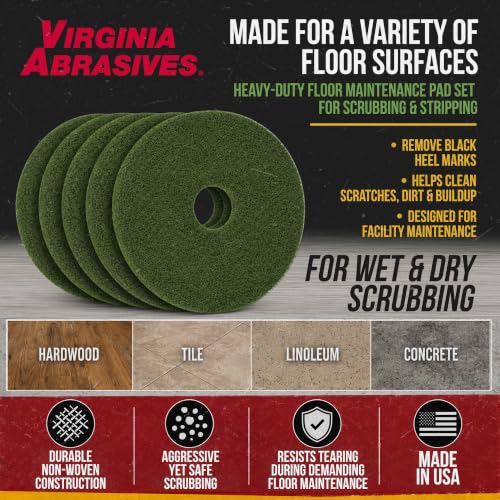 Green Floor Maintenance Pads, Deep Cleaning & Light Stripping, 13" - 5 Pack - size: 13 inches