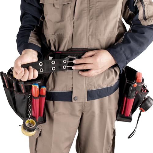 HAUTMEC Heavy Duty Tool Belt, 20-Pocket Tool Pouch with Reinforced PVC Base, 1680D Work Belt with Padded Waist Support, Drill Holder, Hammer Loop & Tape Clip for Construction (HT0177)
