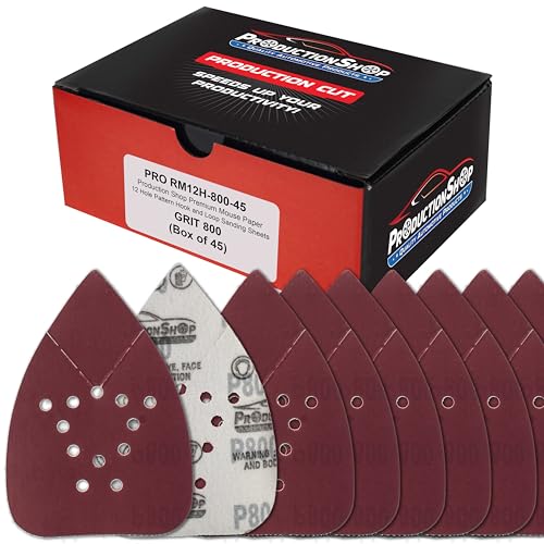 ProductionShop Premium 800 Grit 12-Hole Pattern Mouse Detail Sander Sandpaper Sheets, Box of 45 - Dustless Hook & Loop Triangle Shaped Mouse Disc Pads - Fits Black & Decker Woodworking Wood Furniture - style: 800 Grit