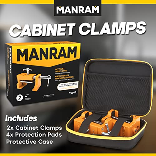 MANRAM Cabinet Clamps 2 Pack, Heavy Duty Cast Steel Face Frame Alignment Tool with Integrated Drill Guide, EVA Protective Pads and Carrying Case for Cabinet Installation
