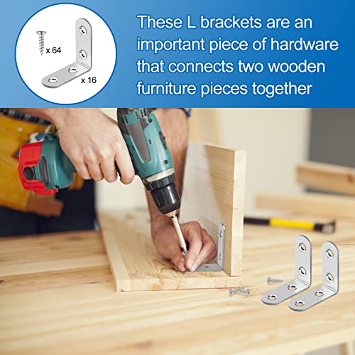 16 Pcs L Bracket Stainless Steel Corner Brace Sets, 90 Degree Right Angle Brackets with 64 Pcs Screws, L Bracket Firmware for Wooden Shelves, Chairs, Tables, Dressers, Furniture (Silver) - size: 16PCS | 40×40MM, style: Silver