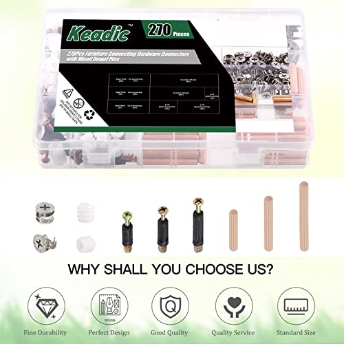Keadic 270Pcs 3 in 1 Cam Lock Nuts and Wood Dowel Pins Assortment Set Furniture Connecting Fittings Nut Screws Bolts Fasteners Connectors for Cabinet Drawer Dresser Wardrobe Furniture Panel (Silver)