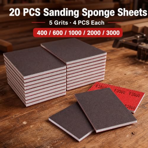 20 PCS Hand Sanding Sponge 400-3000 Grit Sandpaper Assortment, Washable & Reusable Sanding Blocks for Wood, Metal, Drywall, Glazing, Wet Dry Sandpaper for Smooth Finishing (Sanding Sponge)