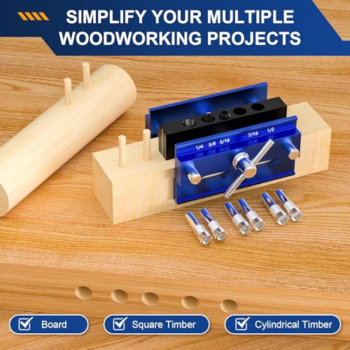 Beaiguna Self Centering Dowel Jig Kit, Drill Guide Jig Block for Straight Holes with 6PCS Drill Bushings, Premium Self Centering Doweling Jig Kit for Woodworking, Adjustable Width Biscuit Joiner Tool