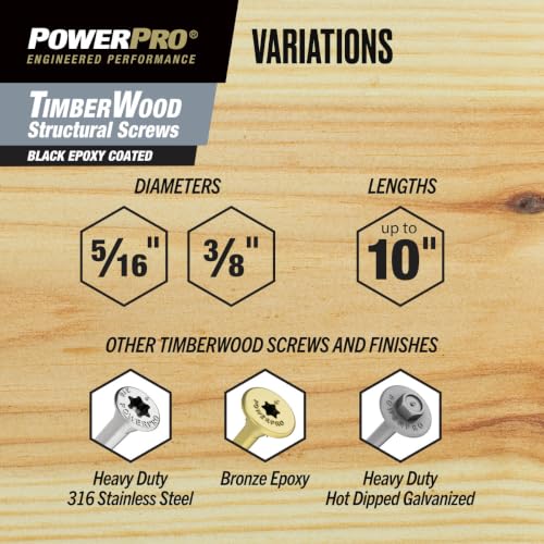 Power Pro TimberWood Structural Screws, 3/8in x 10in, 15 Pieces, Black - color: Black, size: 3/8 inch x 10 inch, style: 15pc