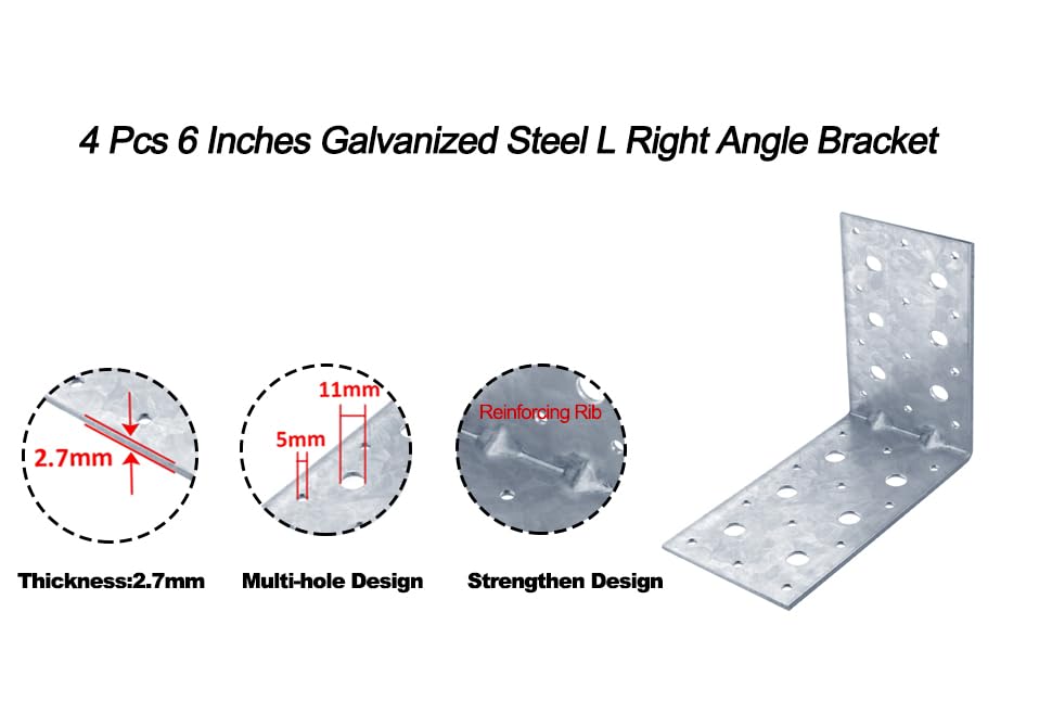 4 Pcs 6'' Galvanized L Brackets, Heavy Duty Corner Brace for Wood