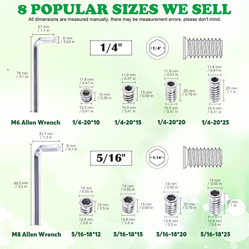 Keadic 50 Pcs 5/16"-18x15mm Carbon Steel Threaded Wood Inserts Assortment Kit,Screw-in Bolt Fastener Connector Hex Socket Drive for Wooden Furniture