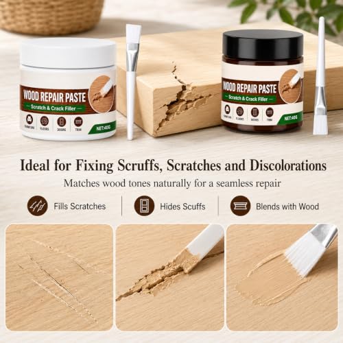 2Pcs Wood Repair Paste for Furniture and Floor, Wood Furniture Repair Kit, Can Quickly Repair Minor Scratches and Abrasions, for Tables, Chairs, Doors, Cabinets, Wood Surfaces(White + Brown)