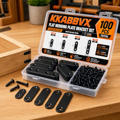 100PCS Stainless Steel Mending Plate,Heavy Duty Straight Metal Mending Plates, 4 Sizes (1.4”-2.7”) Flat Brackets for Wood Repair, Furniture, Joining, DIY Projects - size: 100PCS 4 Sizes plate Brackets-Black
