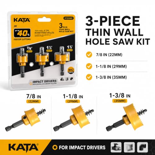 KATA 3-Piece M42 Thin Wall Hole Saw Kit Hole Saw Set for Impact Drivers - color: 22-29-35mm hole saw