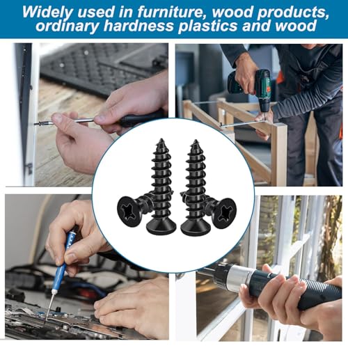 #4 Small Wood Screws Assortment Kit 420PCS, Black Short Phillips Flat Head Self Tapping Cabinet Hinge Screws, Hardened Carbon Steel Tiny Micro Mini Screws with 20Pcs M6 Wall Anchors - size: 420pcs-9 SIZES