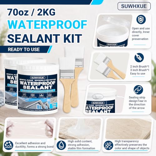 Clear Waterproof Sealant, SUWHXUE 70oz/2KG Water-Based Transparent Waterproof Leak Repair Coating, Invisible Flexible Sealant for Concrete Walls Wood Metal Roof Water Sealer Indoor & Outdoor - size: 70 Oz