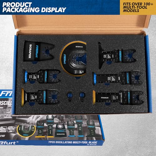 7PCS Oscillating Tool Blade Set - CRV Japanese Tooth, Titanium Bi-Metal & Scraper Blades, Extra Long/Extra Wide/Half Circle for Deep Cuts, Flush Trim & Adhesive Removal, 2 Adapters Included - size: 7pcs