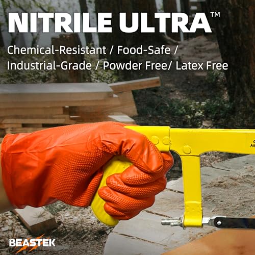 BEASTEK Nitrile Disposable Gloves, 8Mil Latex & Powder Free Chemical Resistant Heavy Duty Cooking Diamond Glove Orange 50 Pcs - color: Large (Orange)