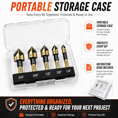 RoViar 82° Countersink Drill Bit Set, 5-Piece HSS Countersink Bits, 1/4" Quick-Change Hex Shank with Storage Case for Deburring & Chamfering on Wood, Plastic, PVC, Aluminum & Brass - color: Gold Black