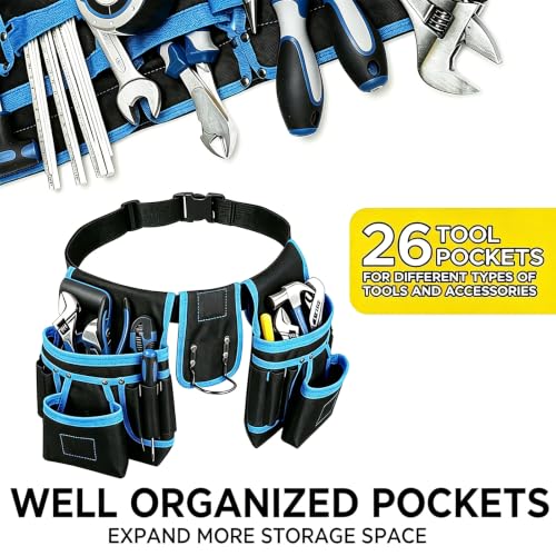 Tool Belt, 26 Pockets Tool Pouch with 1 Hammer Loop & 3 Magnetic Zones, Adjustable Work Utility Belt for Electrician, Carpenter, Construction, DIYers (Blue) - color: Blue
