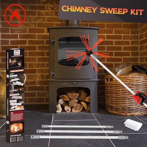 30 Feet Chimney Sweep Kit, Chimney Cleaning Kit with 9 Flexible White Chimney Rods, Chimney Brush for Sweeping Fireplace, Rotary Chimney Cleaning System Driven by Drill - size: 30 Feet