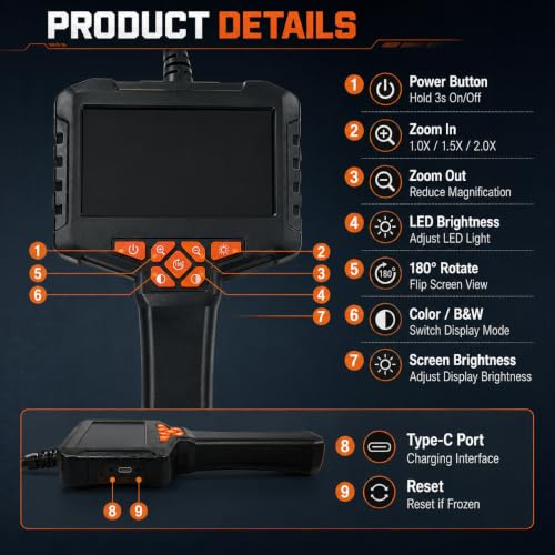 50FT Borescope Camera with Light, 4.3" Screen Inspection Camera, No WiFi - style: 50FT 4.3" Single Lens