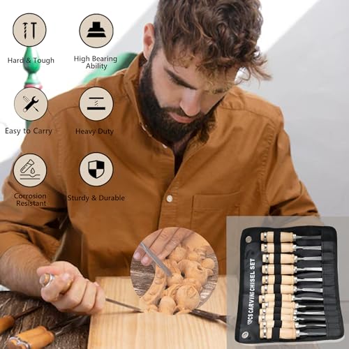 12 Pieces Wood Chisel Set,Home Wood Carving Tools With Steel Hammer End