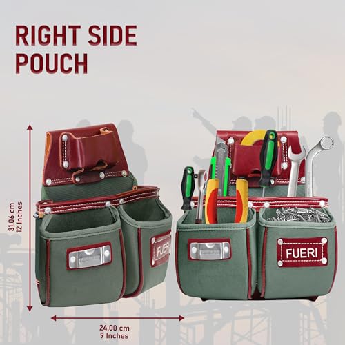 FUERI Carpenter Tool Belt made with Nylon & Grain Leather comes with Adjust to fit Padded Belt, Pouches with multiple pockets, Suspender loops, and a Hammer Holder (Free Suspender at Check Out) - color: Green & Maroon Tool Belt