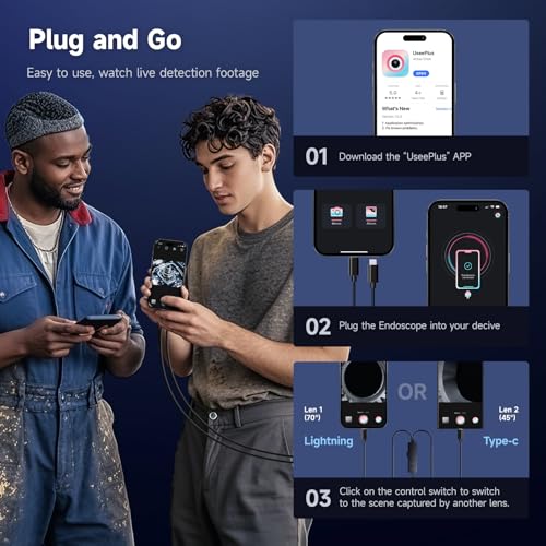 Endoscope Camera with Light, Dual-Lens 1920P HD Borescope with 8+1 Adjustable LED Lights, IP67 Waterproof Inspection Camera 16.5FT Semi-Rigid Snake Camera for iOS & Android (2 Interface) - size: 2 Interface