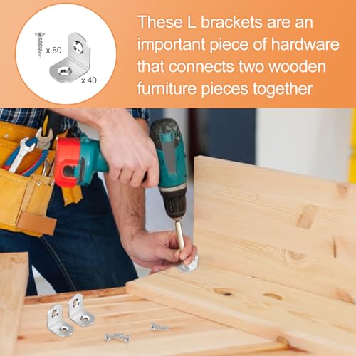 40 Pcs L Bracket Stainless Steel Corner Brace Sets, 90 Degree Right Angle Brackets with 80 Pcs Screws, L Bracket Firmware for Wooden Shelves, Chairs, Tables, Dressers, Furniture (Silver) - size: 40PCS | 20×20MM, style: Silver