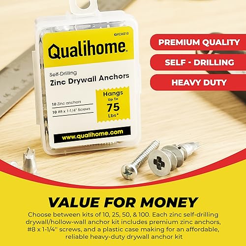 Qualihome Zinc Self Drilling Drywall Anchor Hollow Wall Anchor Kit With Screws - Metal Self Drilling Drywall Anchors With Wide Screw Fins - #8 Zinc Drywall Anchors Heavy Duty (10 Pack) - size: 10 Pack