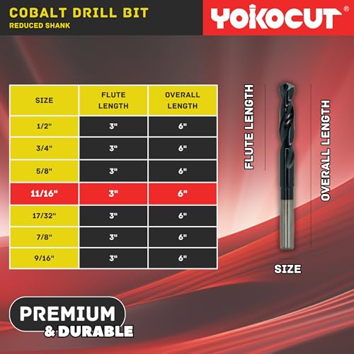11/16 Inch Cobalt Drill Bit | Reduced Shank High Speed Steel | 11/16 Drill Bit for Stainless Steel and Hardened Metal | HSS M35 Titanium Aluminum Nitride Coating with 1/2" Shank - size: 11/16 Inch