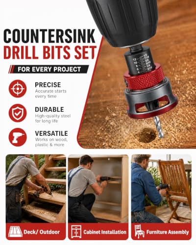 9 PCS Countersink Drill Bit Set with Adjustable Depth Stop Collar