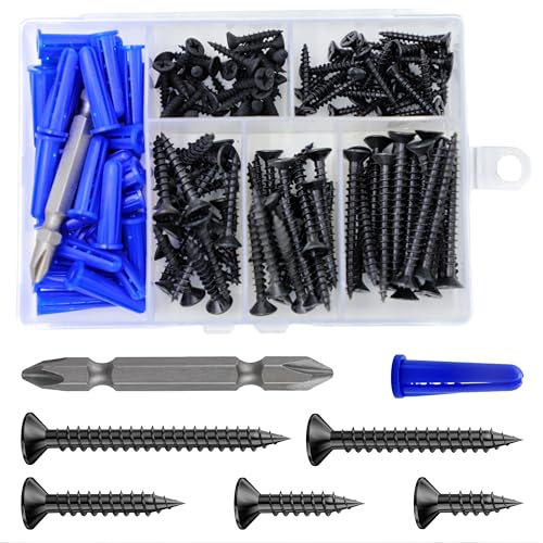 Wensilon (150Pcs) Black Wood Screw Quick Metal Self Tapping Flat Head with Drywall Plastic Anchors kit - size: Black Flat Head Wood Screws
