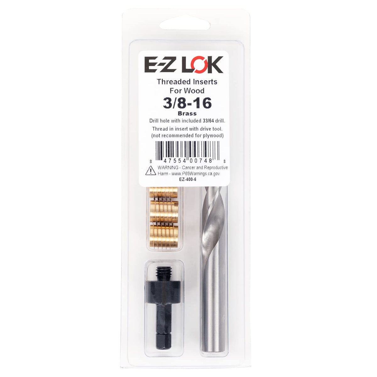 E-Z LOK 400-6 Threaded Inserts for Wood, Installation Kit, Brass, Includes 3/8-16 Knife Thread Inserts (5), Drill, Installation Tool - size: 3/8-16 (5 Count)