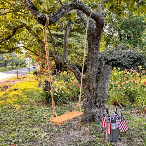 Hanging Wooden Tree Swing with Adjustable Hemp Rope and Tree Straps - color: Raw Wood