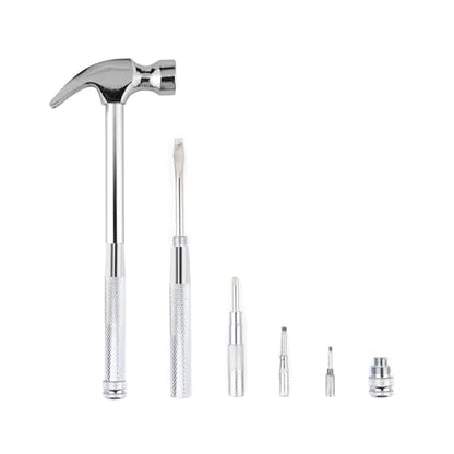6-in-1 mini multifunctional metal hammer and screwdriver hand tool for opening walnuts, including cross and flat screwdrivers, home repair tools, and camping hammer set (Silver) - color: Silver