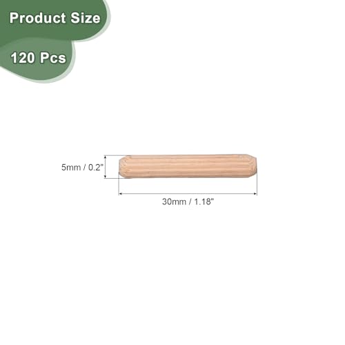 uxcell 120 Pcs Wooden Dowel Pins 5x30mm(0.2x1.18) Fluted Beveled Ends Wood Dowel Pegs Dried Hardwood for Woodworking Furniture Shelf - size: 5x30mm