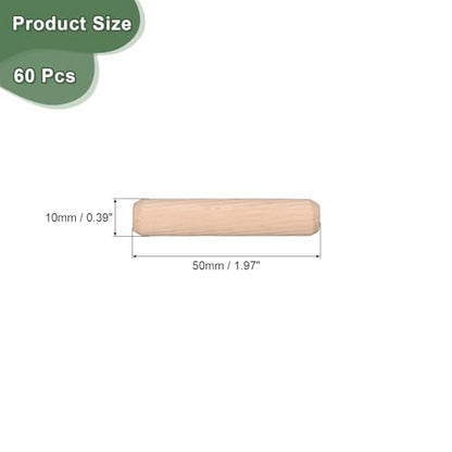 uxcell 60 Pcs Wooden Dowel Pins 10x50mm(0.39x1.97) Fluted Beveled Ends Wood Dowel Pegs Dried Hardwood for Woodworking Furniture Shelf - size: 10x50mm