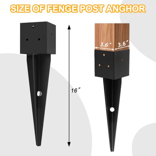 4 Pcs 4"x4" Fence Post Anchor Ground Spike|Black Powder-Coated| 16 Inch